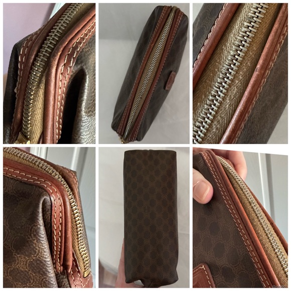 Celine AUTHENTIC Vintage Brown Coated Triomphe Logo Toiletry Makeup Bag Pouch - Picture 8 of 16